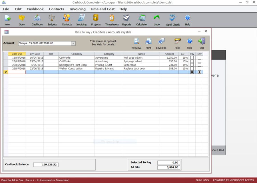 Cashbook Complete Bills to Pay screen
