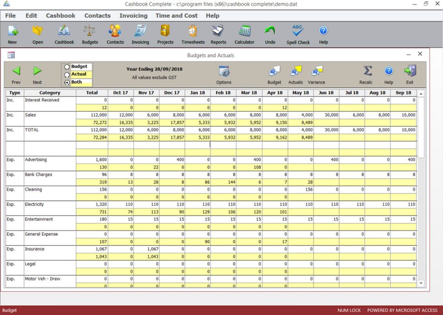 Cashbook Complete Budgets and Actuals screen