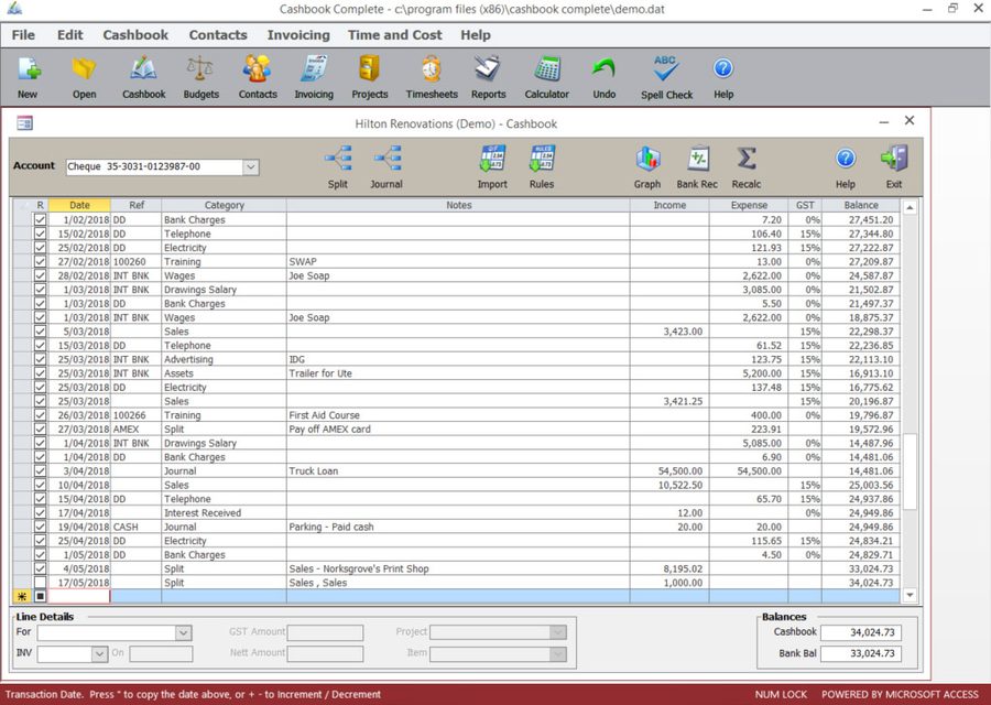 Cashbook Complete Cashbook screen