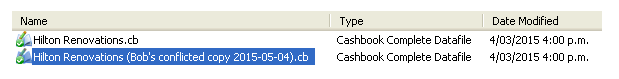 An original Cashbook data file and a Dropbox conflicted copy