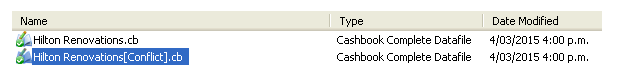 An original Cashbook data file and a Google Drive conflicted copy