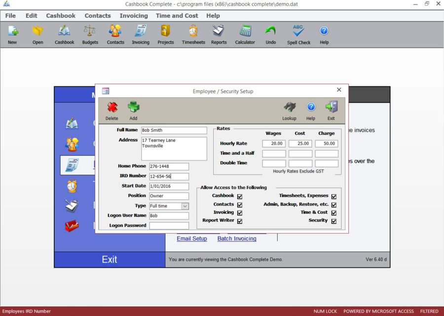 Cashbook Complete Employee Setup screen
