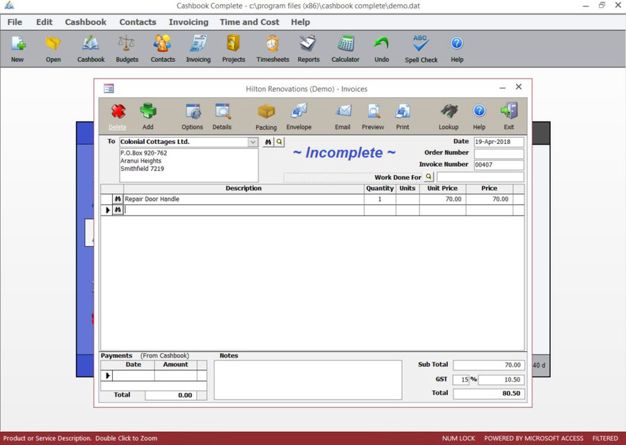 Cashbook Complete invoicing screen
