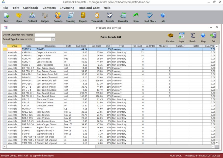 Cashbook Complete Products and Services screen