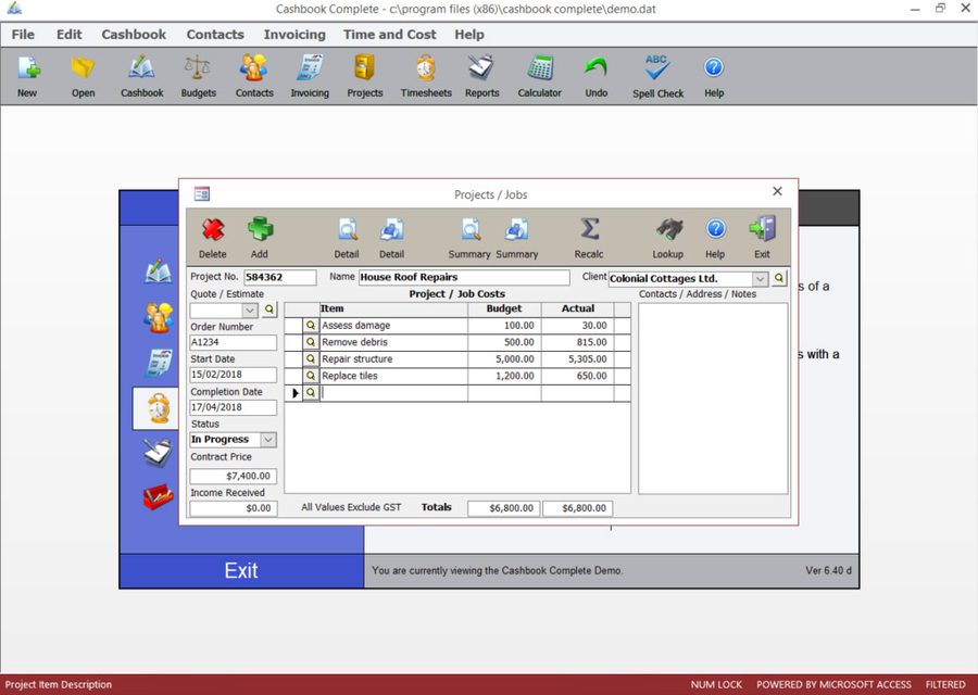 Cashbook Complete Projects and Jobs screen