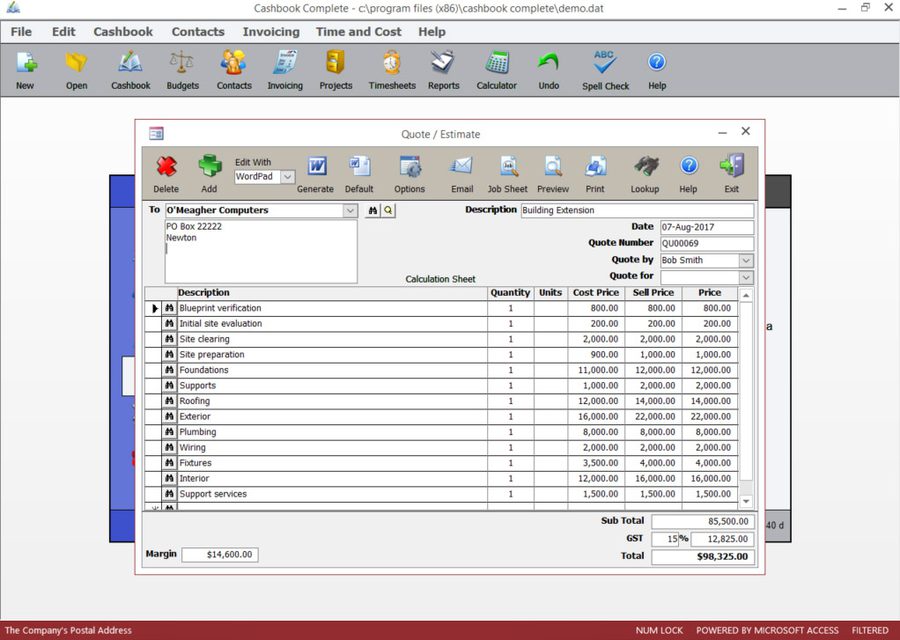 Cashbook Complete Quotes and Estimates screen