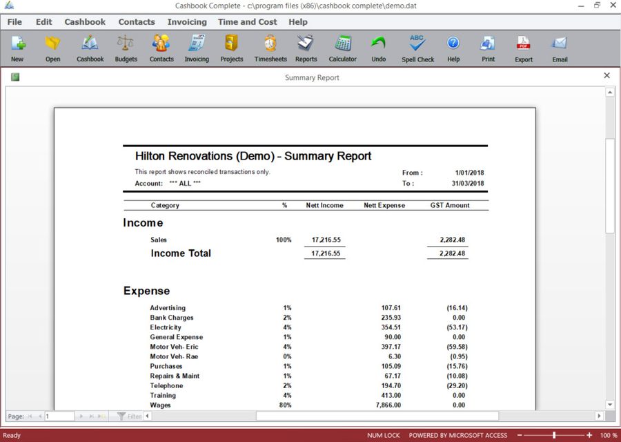 Cashbook Complete Summary Report example