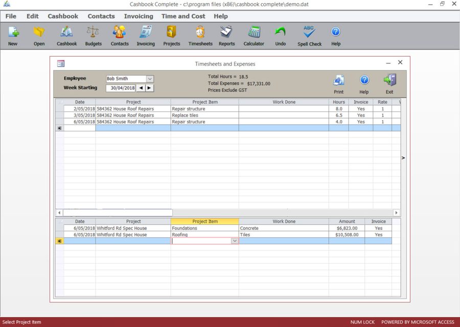 Cashbook Complete Timesheets and Expenses screen